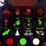 12 in 1 Halloween Christmas Projector Lights Outdoor, 3D Dynamic Ghost/Spider/Bat/Skull/Witch/Nativity/Santa in Sleigh Halloween Decorations,Night Light for Party Home Window Wall Holiday Decor