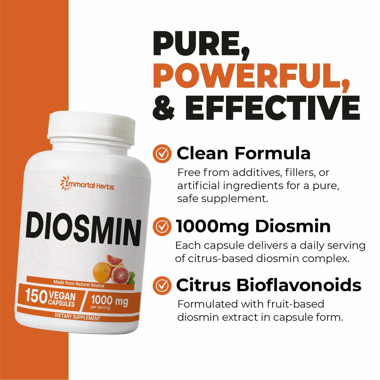Immortal Herbs Pure Diosmin 1000mg Complex Formula, 150 Capsules, Citrus Bioflavonoids Rich Fruit Extract, 100% Vegetarian, Non-GMO & Gluten Free Diosmin Supplement