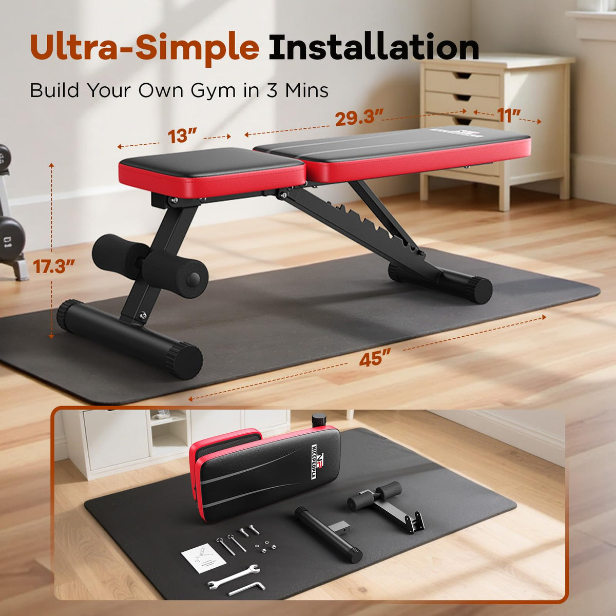 NICEPEOPLE Adjustable Weight Bench for Home Gym, 660LBS Capacity Workout Bench with 8 Backrests for Chest Shoulders Arms, Compact and Foldable Strength Bench for Small Space Apartment Room (XL)
