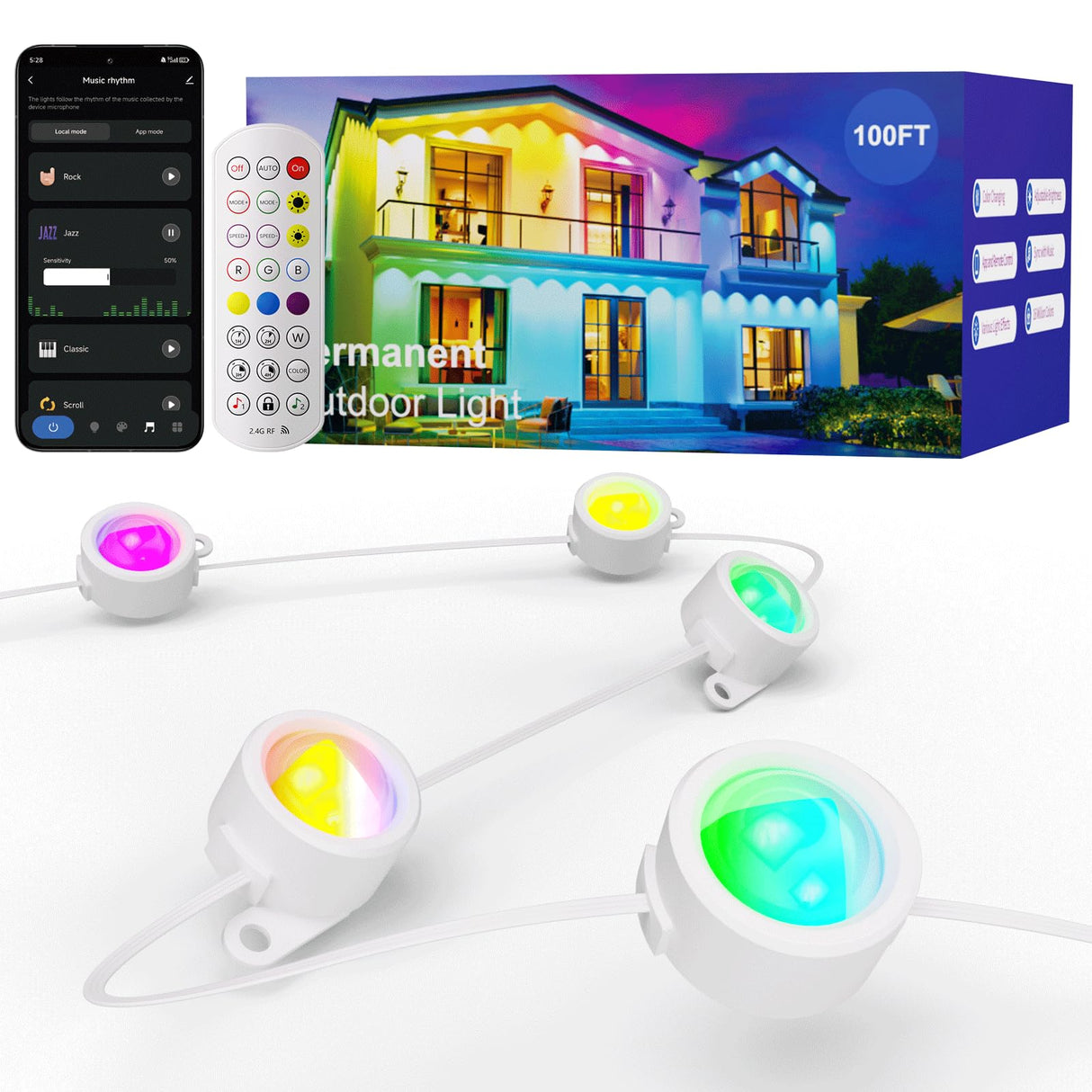 HUTAKUZE Permanent Outdoor Lights, 100FT with 60 RGB LEDs for Outdoor Decor, IP67 Waterproof, 48 Scene Modes Christmas House Lights,APP & Remote Control, Music Sync