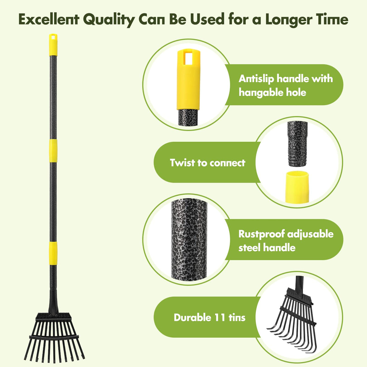 Rake for Leaves, Heavy Duty Small Leaf Rakes for Lawns & Yard with 60” Length 8.5” Width 11 Metal Tines, Lightweight Gardening Rake for Women Men Kids for Shrub,Grass,Mulch