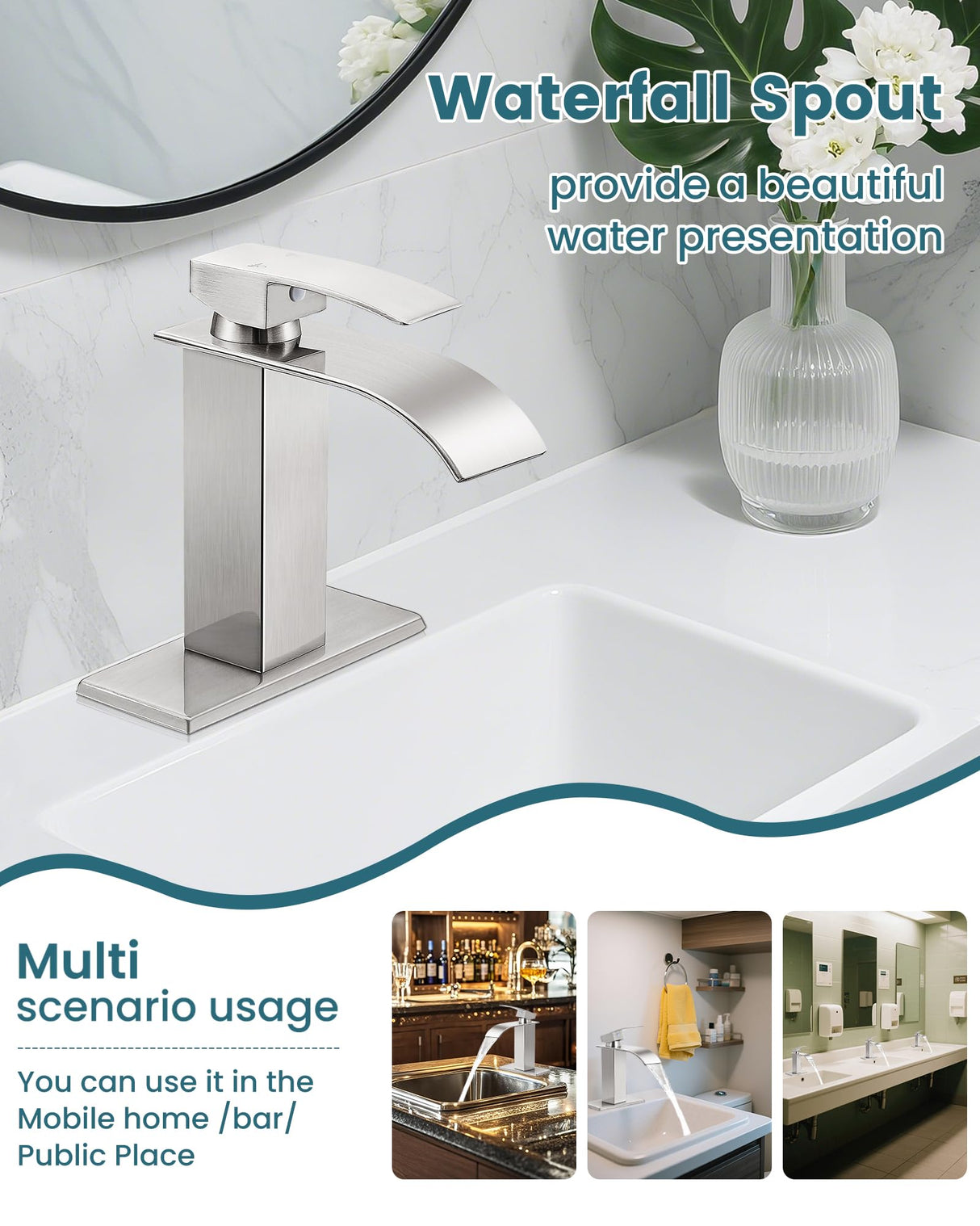 LUFG Bathroom Faucets Brushed Nickel Waterfall Bathroom Sink Faucet Modern Single Handle Bathroom Faucet for 1 or 3 Hole Mxier Tap Washbasin Faucet with Deck, Pop-up Drain and Supply Hoses