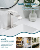 LUFG Bathroom Faucets Brushed Nickel Waterfall Bathroom Sink Faucet Modern Single Handle Bathroom Faucet for 1 or 3 Hole Mxier Tap Washbasin Faucet with Deck, Pop-up Drain and Supply Hoses