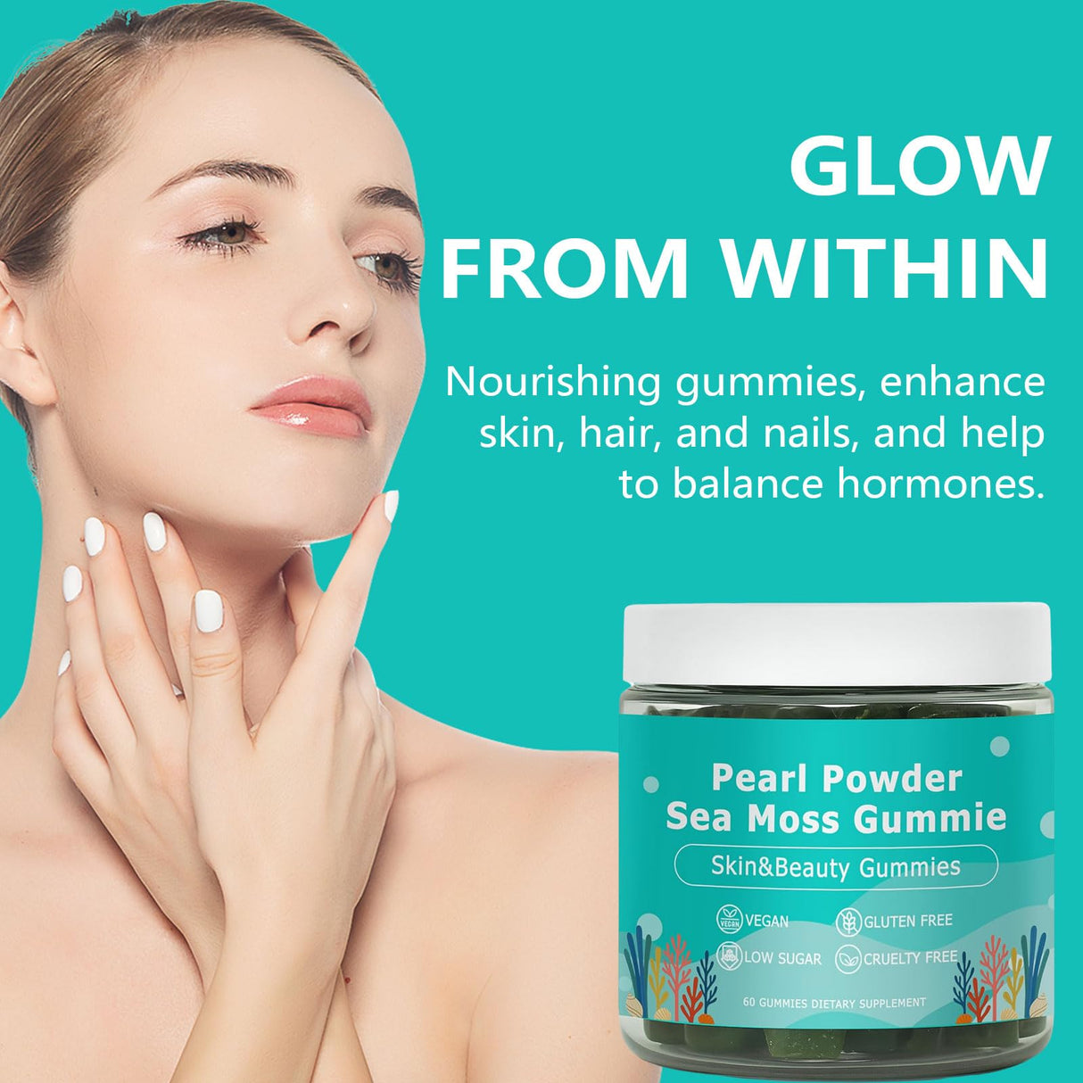 KLUNIZ Sea Moss Gummies, Balmbare Sea Moss and Pearl Powder Glow Gummies, Organic Irish SeaMoss Supplement with Vitamin C, Vitamin E, Aloe Vera, Pearl Powder, 60 Count