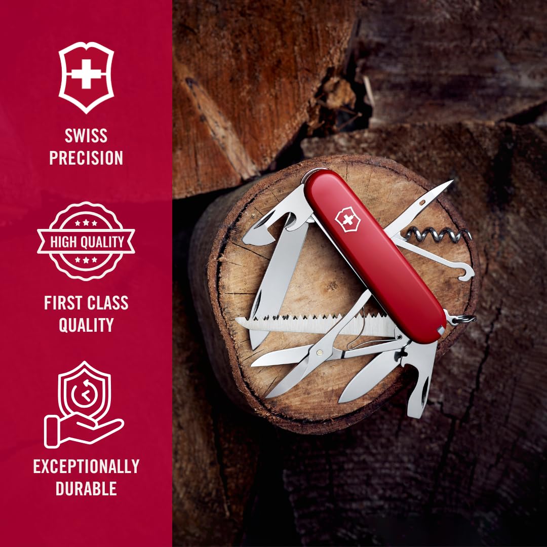 Victorinox Huntsman Swiss Army Knife, 15 Functions, Swiss Made Pocket Knife with Large Blade, Screwdriver, Scissors and Wood Saw - Red