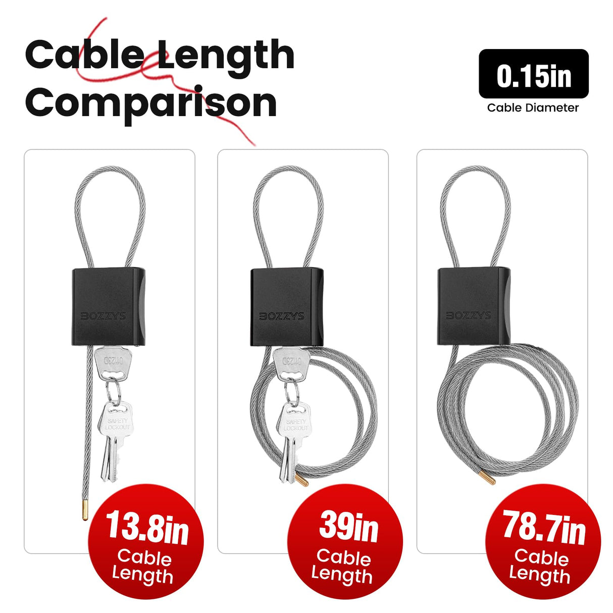 BOZZYS Cable Lock with 3 Keys | L 3.28ft(1m),D 1/6in(4mm) Adjustable Steel Cable Padlock | Aluminum Locks for Bikes, Gate, Lockers & Outdoor Gear | Weatherproof & Black