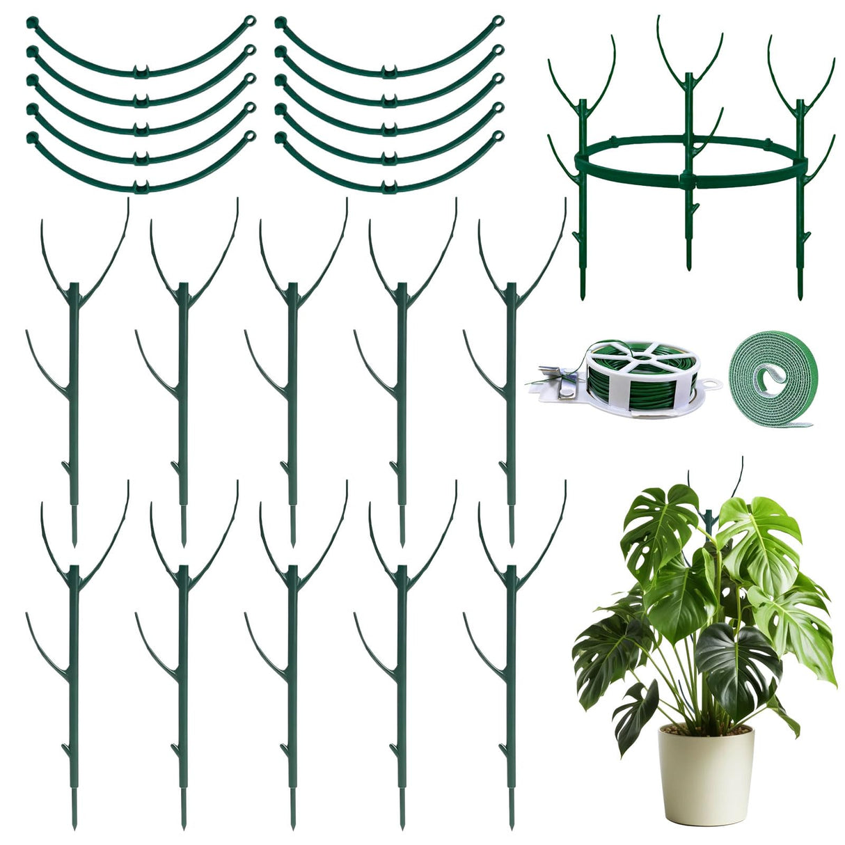 MXCOIRTP 10 Pack Stackable Plant Support Stakes & Adjustable Circular Trellis, Garden Trellis for Climbing Plants Indoor and Outdoor Use, Garden Accessories for Monstera, Pothos, Tomato