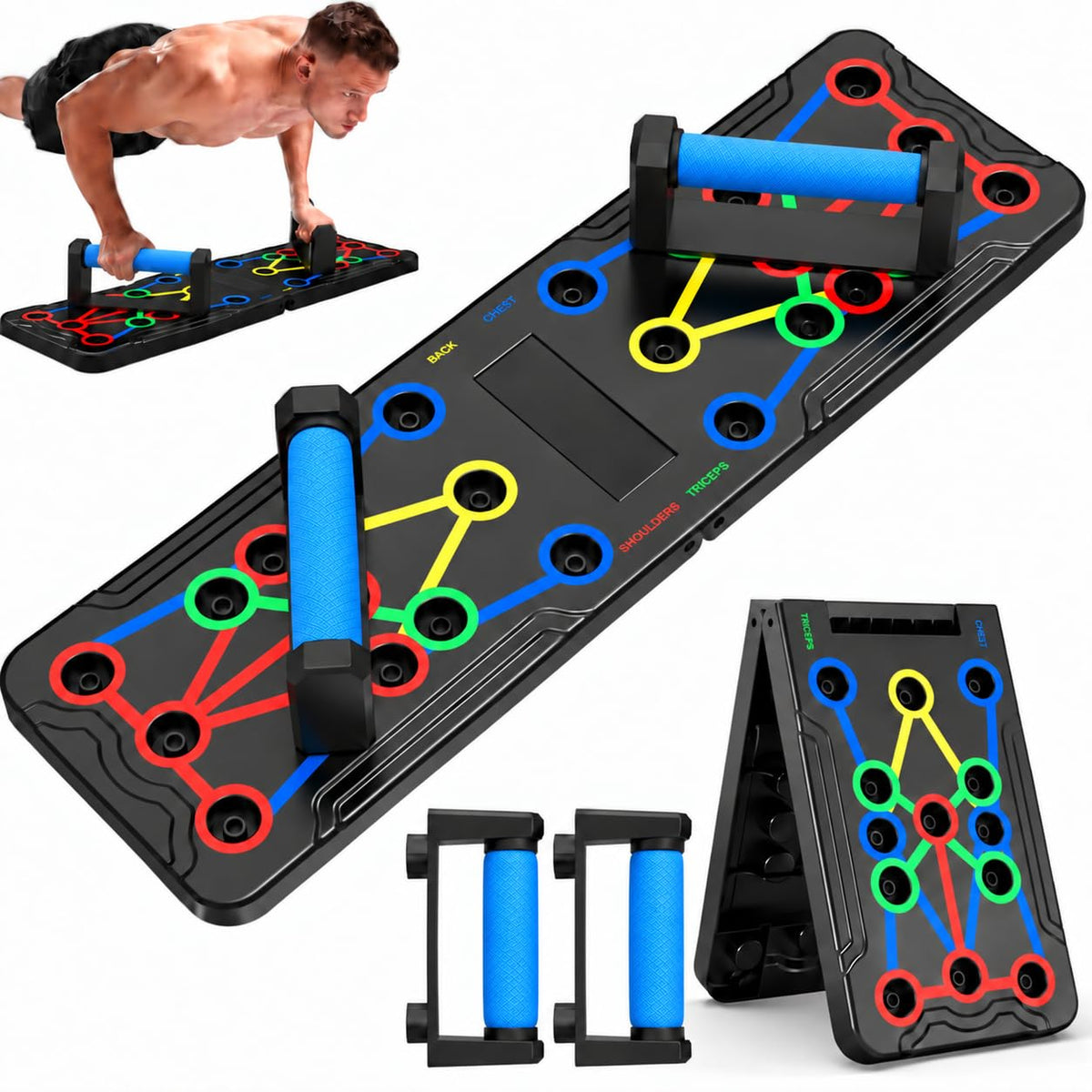Foldable push-up rack for portable strength training, sturdy and stable equipment for men's and women's home gym workouts.