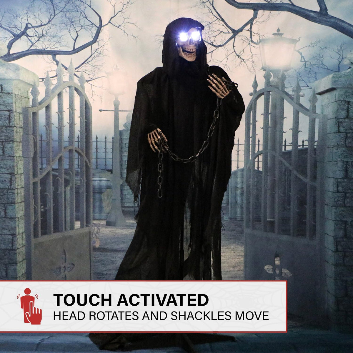 Haunted Hill Farm Life-Size Scary Grim Reaper with Chain, Halloween Animatronic with Touch Activated Lights and Sounds, Battery Operated Indoor or Covered Outdoor Halloween Decorations, Halloween Prop