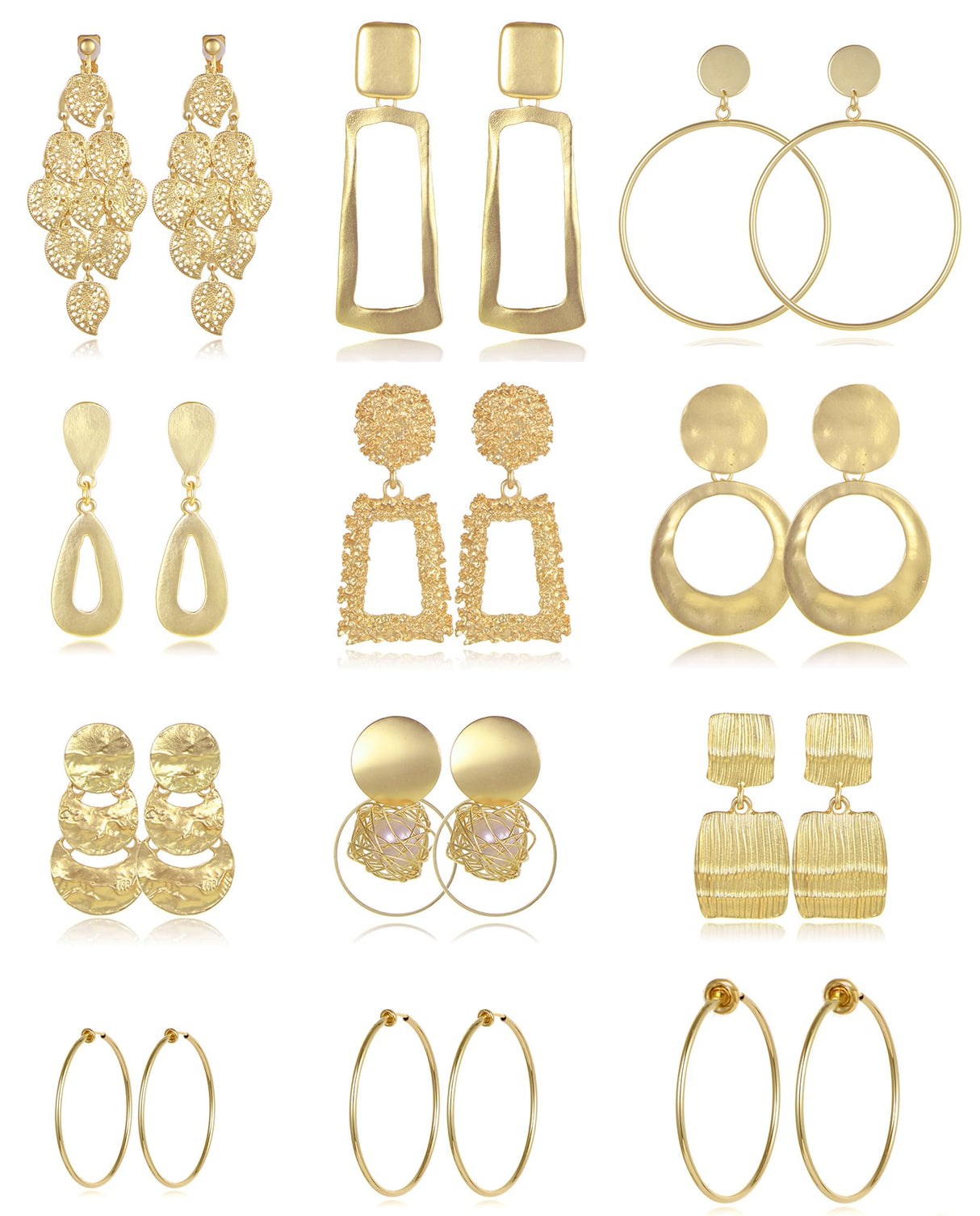 Tornito 12 Pairs Clip on Drop Earrings Leaf Round Square Trapezoid Rectangle Hoop Geometric Drop Dangle Statement Earrings Lightweight Clip on Earrings Non Piercing Set for Women Gold Tone