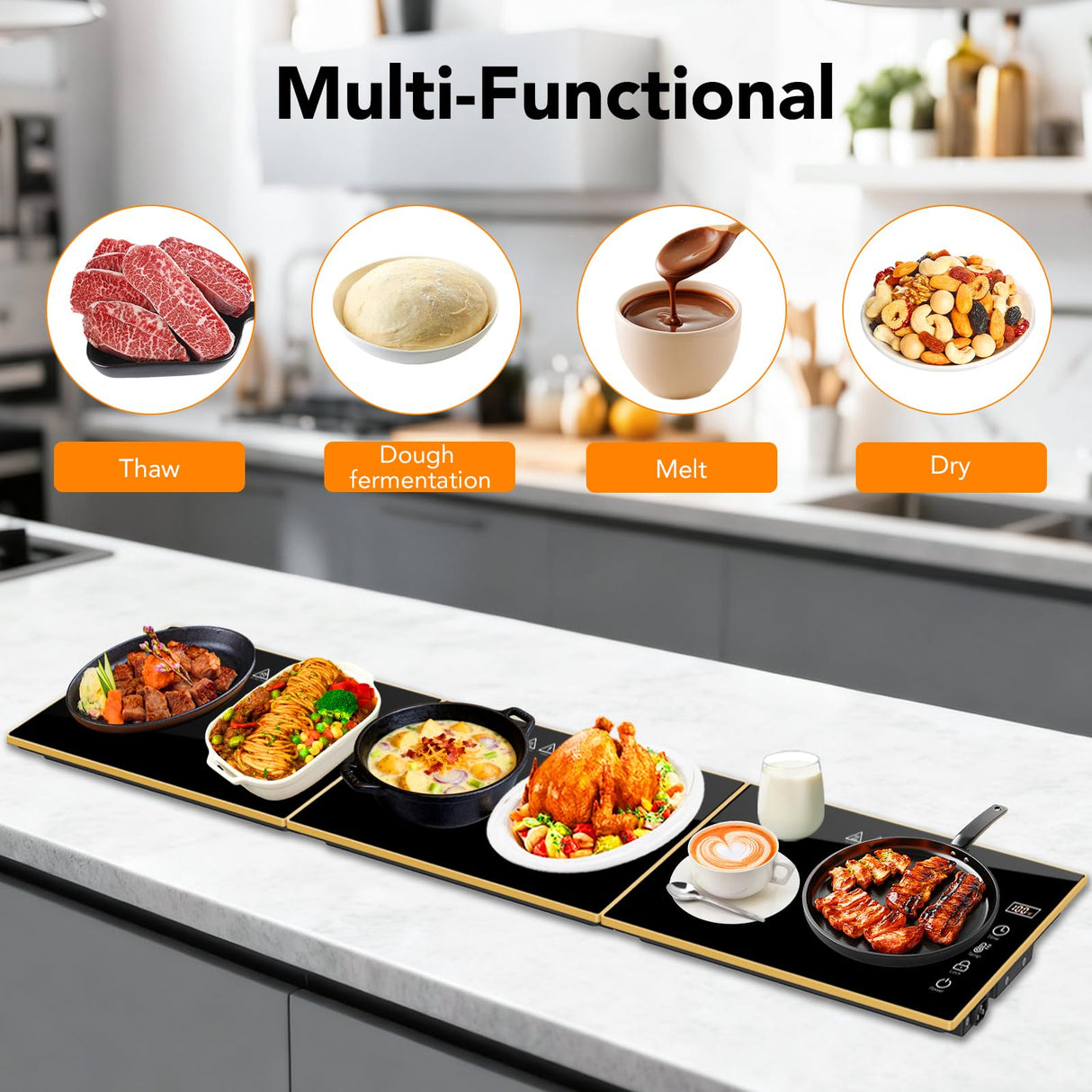 Electric Warming Tray, Extra-Long 47.24'' x 11.81'' Glass Surface, 3-in-1 Warming Mat for Food, with 7 Temperature + 8-Hour Timer Settings, Modular Food Warmers for Parties Buffet for Catering
