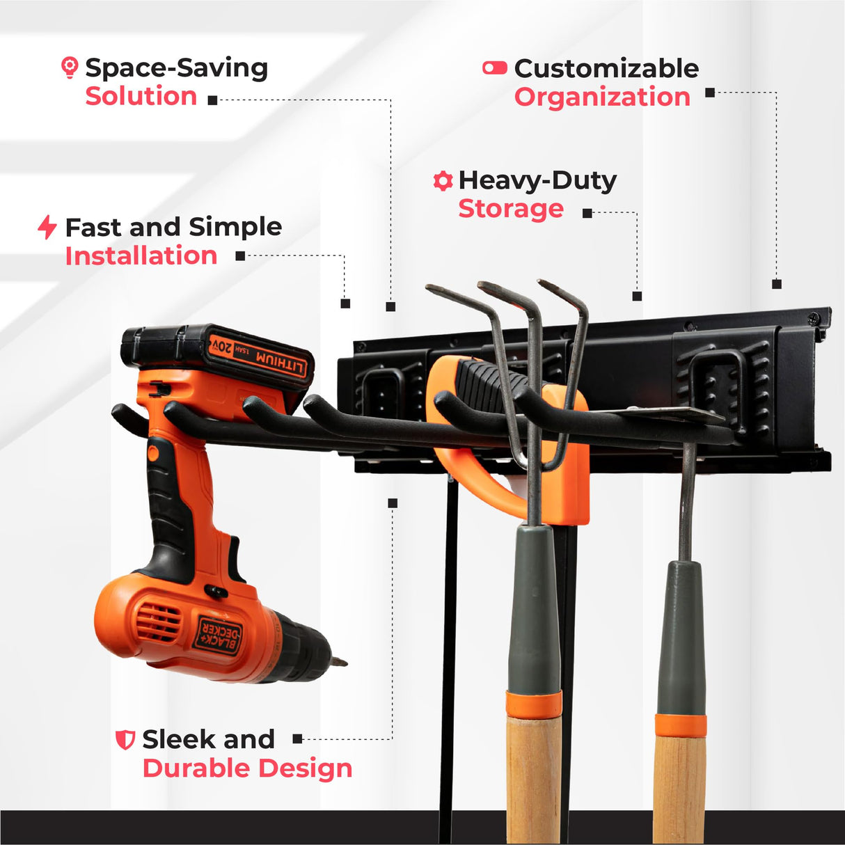 Heavy-Duty Garage Wall Storage System | Wall Mounted Tool Organizer Rack with Shelving | 10-Piece Mounting Kit | Includes 4x8.5” Adjustable Hooks & 2x16.5” Floating Utility Shelves