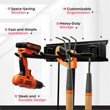 Heavy-Duty Garage Wall Storage System | Wall Mounted Tool Organizer Rack with Shelving | 10-Piece Mounting Kit | Includes 4x8.5” Adjustable Hooks & 2x16.5” Floating Utility Shelves