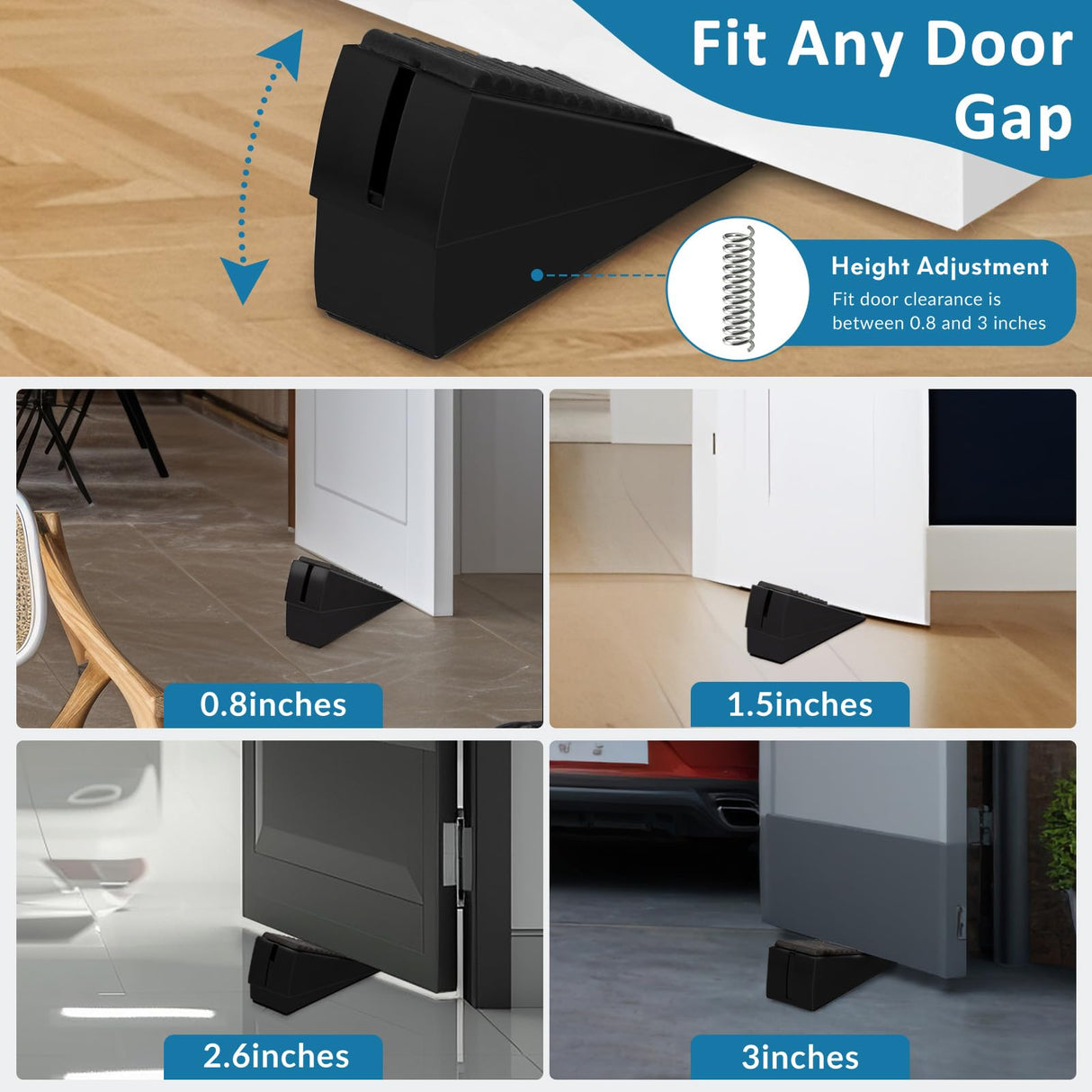 Optish 2 Pack Heavy Duty Door Stopper, Adjustable Spring Large Stopper, 3 Inches High Tall Wedge Stoppers for Bottom of Door, Door Stop Suits Any Heavy Door, Black