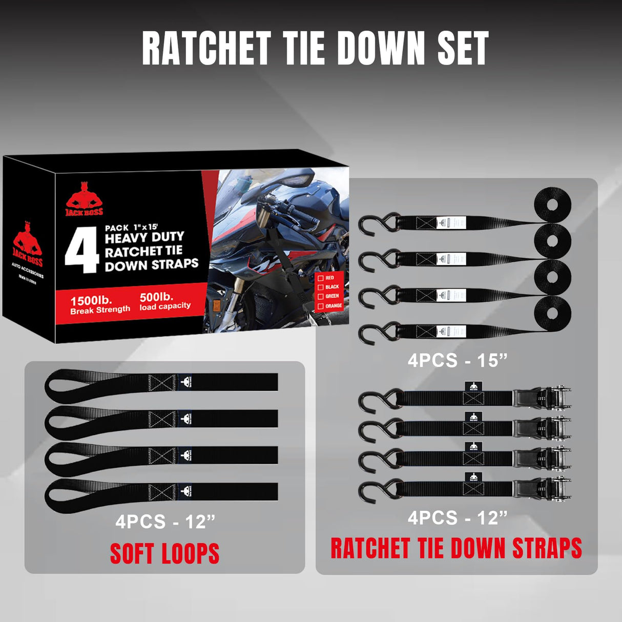 Jack Boss Ratchet Tie Down Straps Set,1500 lbs Break Strength, 1" x 15' Heavy Duty Ratchet Straps with 4X Soft Loops Padded Handles Coated S Hook, Fits for Moving Appliances Motorcycle ATV Truck,Black