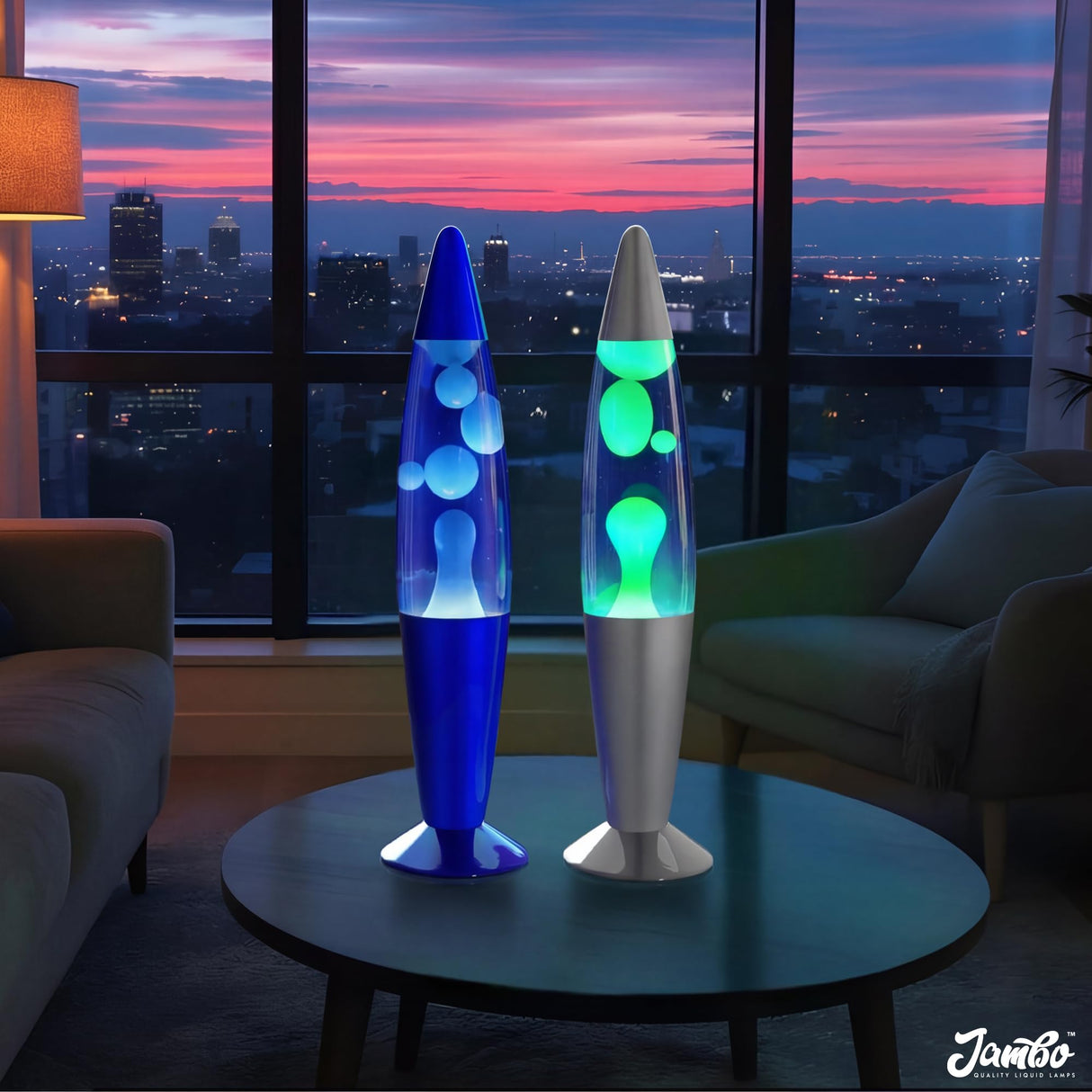 JAMBO 2 Pack- 16" Beautiful Lamp- Blue with Yellow/Green Wax and Purple with Pink Wax, Relaxing Liquid Lamp, Night Light Nightlight, Lamps for Adults Teens Kid