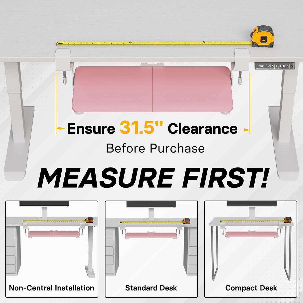 BONTEC KMT01 Under Desk Keyboard Tray, Pull-Out Keyboard & Mouse Platform with C-Clamp, 25.6 x 11.8 in Space-Saving Ergonomic Slide-Out Drawer, Pink