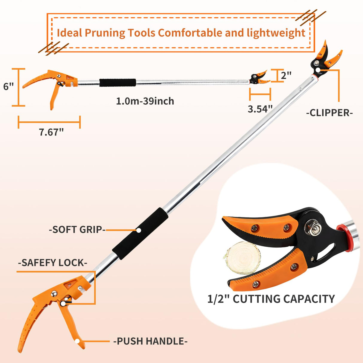 3.5 ft (1.0m) Cut & Tree Trimmer for Precision Gardening Pruning & Fruit picking, 40 in Long Reach Pruning Shears - Lightweight Aluminum Rust-Resistant Picker, Branch Bypass Loppers(1/2" Max Cut)