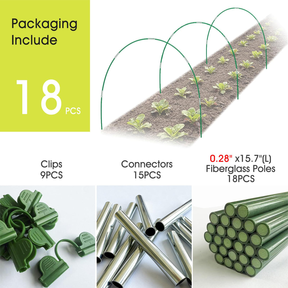 RIFNY 18 PCS Garden Hoops for Raised Beds, Greenhouse Hoops Kit Long Grow Tunnel for Row Cover, Rust-Free Fiberglass Garden Support Poles for Insect Mesh Netting Freeze Plant Cover (Green)