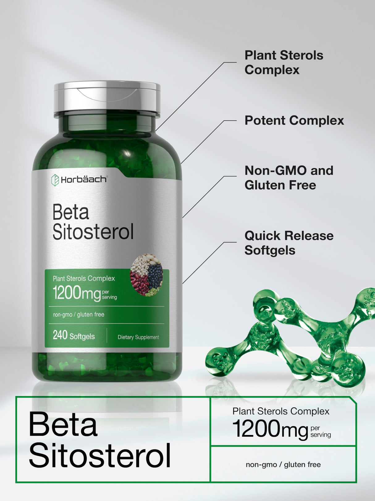 Horbäach Beta Sitosterol 1200mg | 240 Softgel Capsules | Mega Strength | Plant Sterols Complex | Non-GMO, Gluten Free Supplement