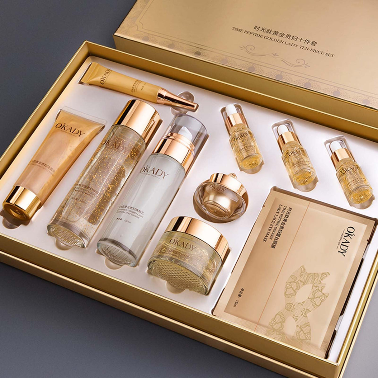 OKADY skincare set Anti Aging Skin 10-piece Daily Care Routine Kit With Vitamin C and Peptides Eye Mask Toner Serum Eye Cream Lotion Lady Cream Gifts sets for Valentine's Day