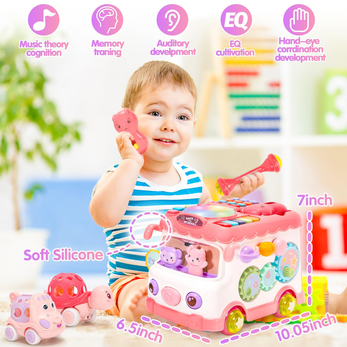 AmiDear Baby Gift for 1-2 Year Old Girl, 10-in-1 Montessori Toys Bus for Baby 6-12-18 Months+, Educational Musical Sensory Learning Toddler Toys Age 1-2, First Christmas and Birthday Gifts Pink