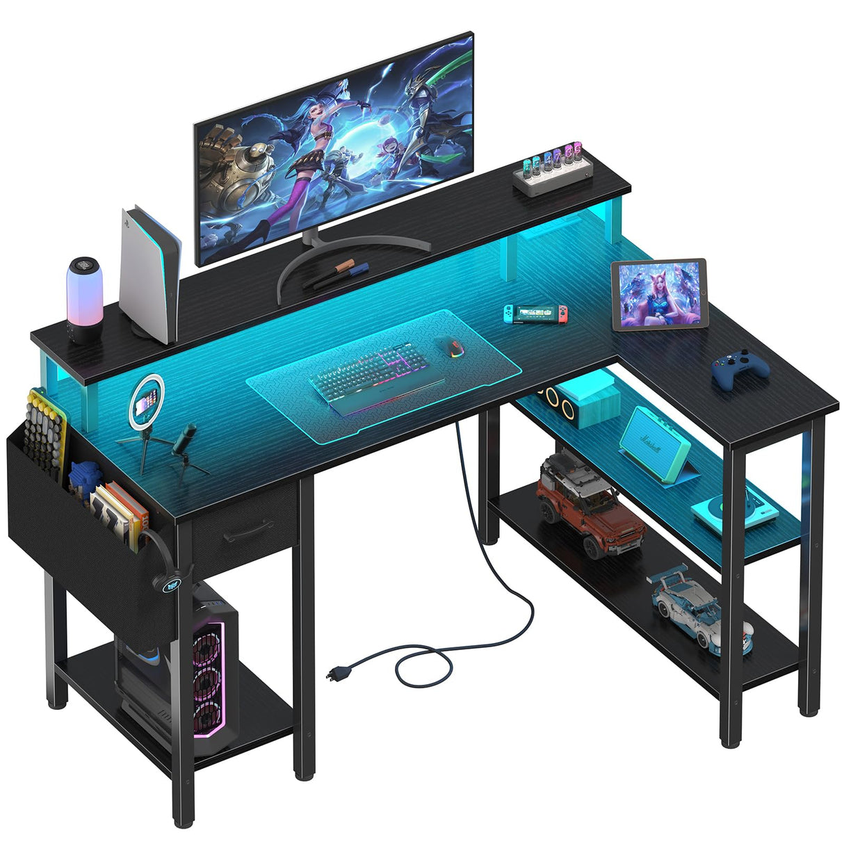 Lufeiya L Shaped Gaming Desk with Fabric Drawers and Storage Shelves, 47 inch Home Office Desk with Monitor Stand, Computer Desk with LED Lights and Power Outlets, Black