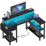 Lufeiya L Shaped Gaming Desk with Fabric Drawers and Storage Shelves, 47 inch Home Office Desk with Monitor Stand, Computer Desk with LED Lights and Power Outlets, Black