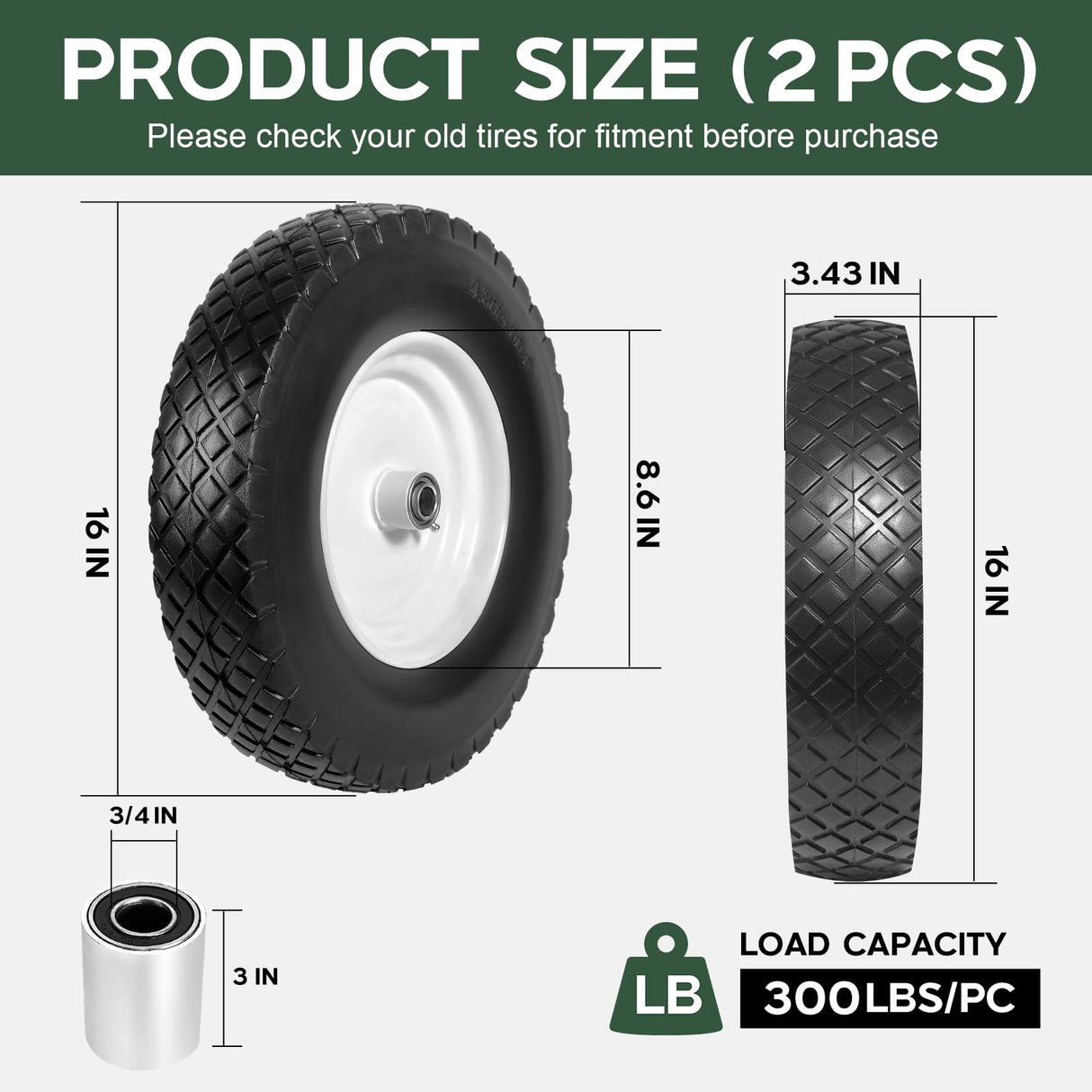 Taifa 2 PCS 16 Inch Rubber Solid Flat Free Tires and Wheels 4.80/4.00-8 with 3/4'' Axle Bore Hole, Air Less Wheel for Wheelbarrow/Wagon/Hand Truck/Trolley/Garden Cart etc.