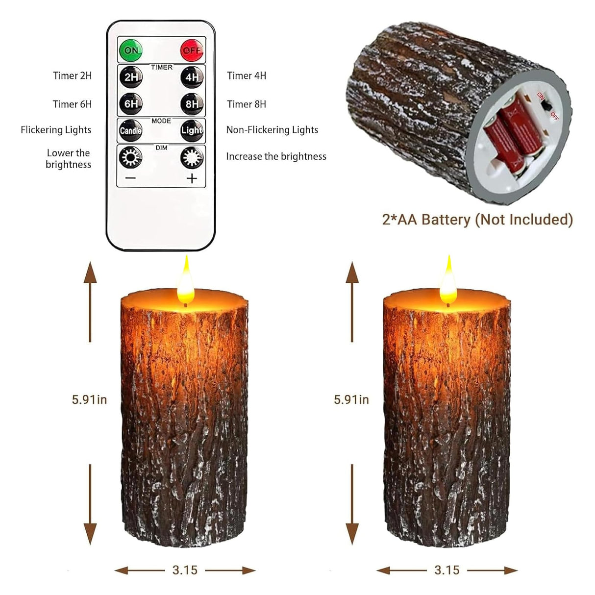 VEEKI Flameless Candles Lights, Set of 2 6"x3" Pine Bark Flickering LED Candles with Remote & Timer, Dimmable Pillar Candles Battery Operated, Real Wax Electric Candle for Christmas Winter Home Decor