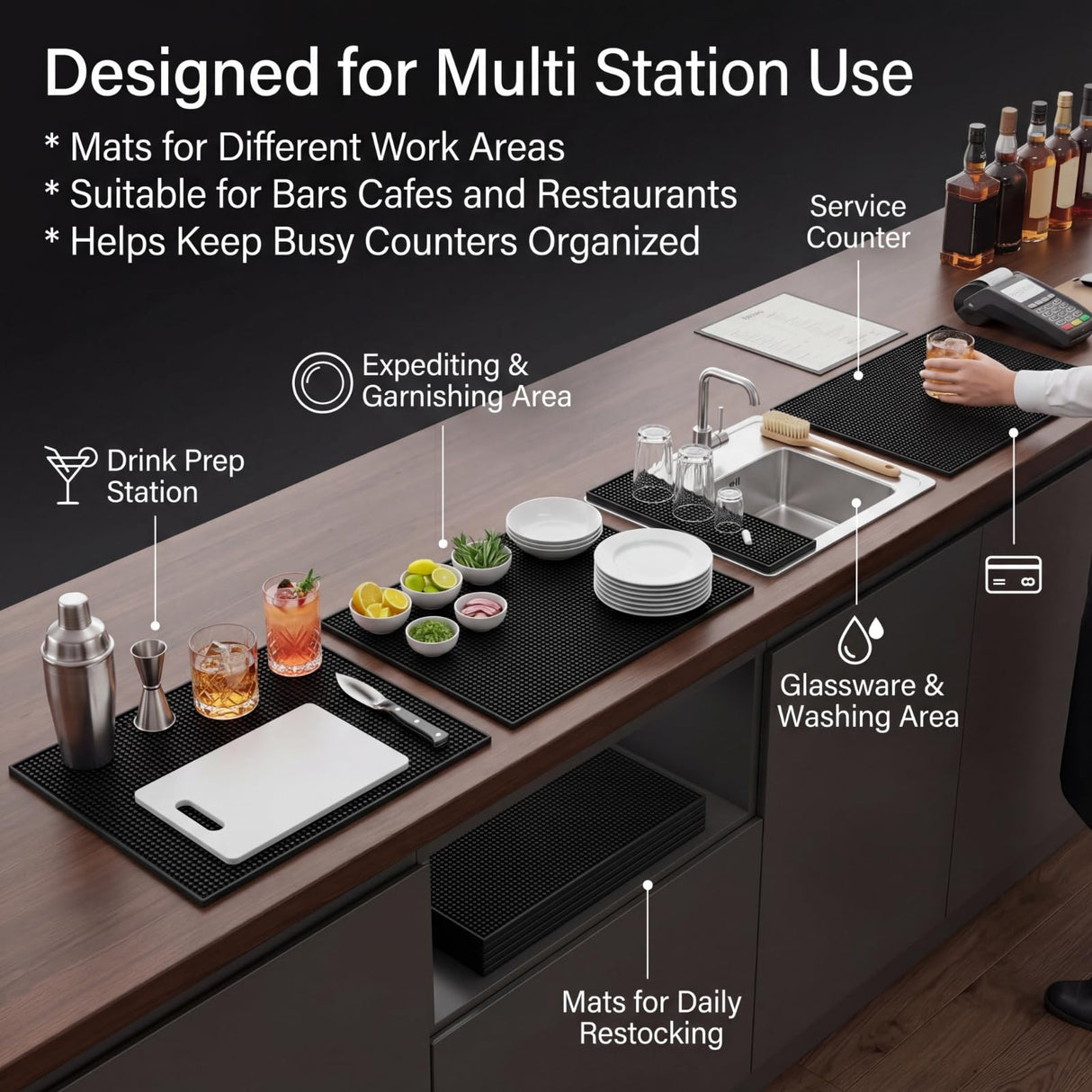 Tioncy 2 Pcs Bar Mat for Countertop 18 x 12 Inch Black Non Slip Look Service Spill Mat for Cocktail Bartending Coffee Station Restaurant Barber Tools Dish Drying Home Bar Pads