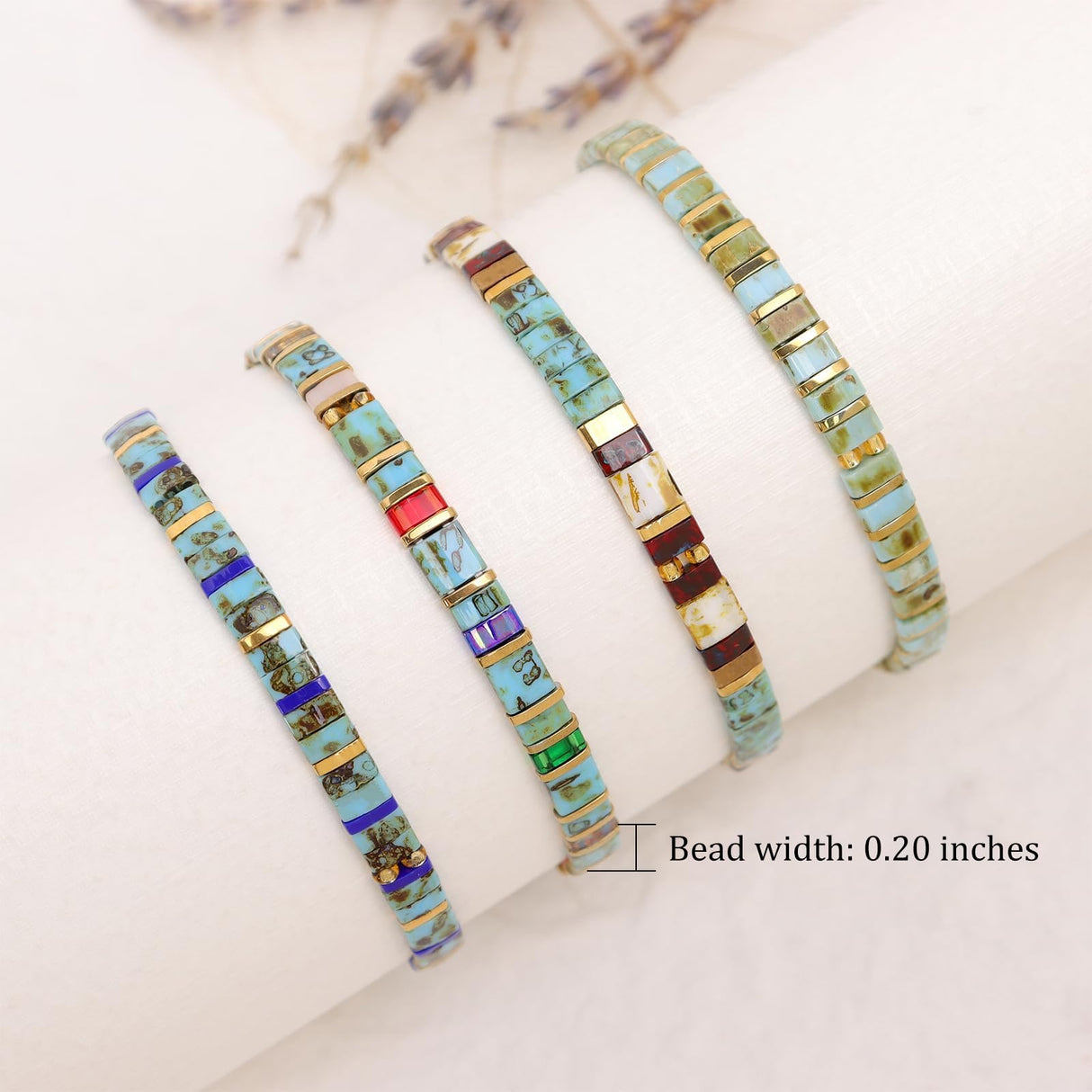 Tyebiva Tila Flat Beaded Bracelets Set for Women, 4Pcs Trendy Handmade Glass Turquoise Colorful Stack Beads Stretch Bracelet Festive Holiday Accessories Jewelry Gift.