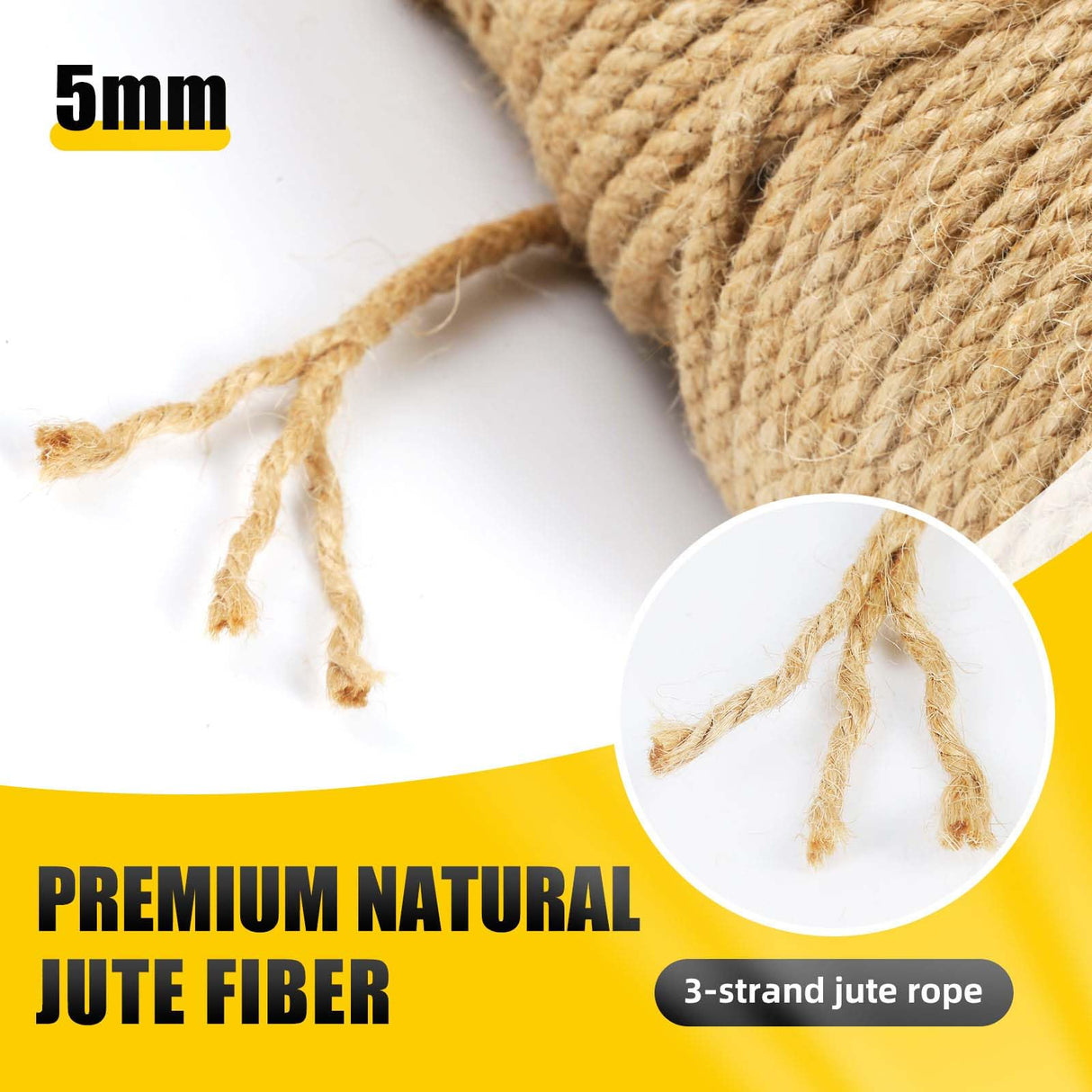 Radix Rope Natural Jute Twine, 5MM x 328FT Jute Rope Roll, Heavy Duty Thick Twine for Cat Scratching Post, Bundling, Gardening and DIY Crafts