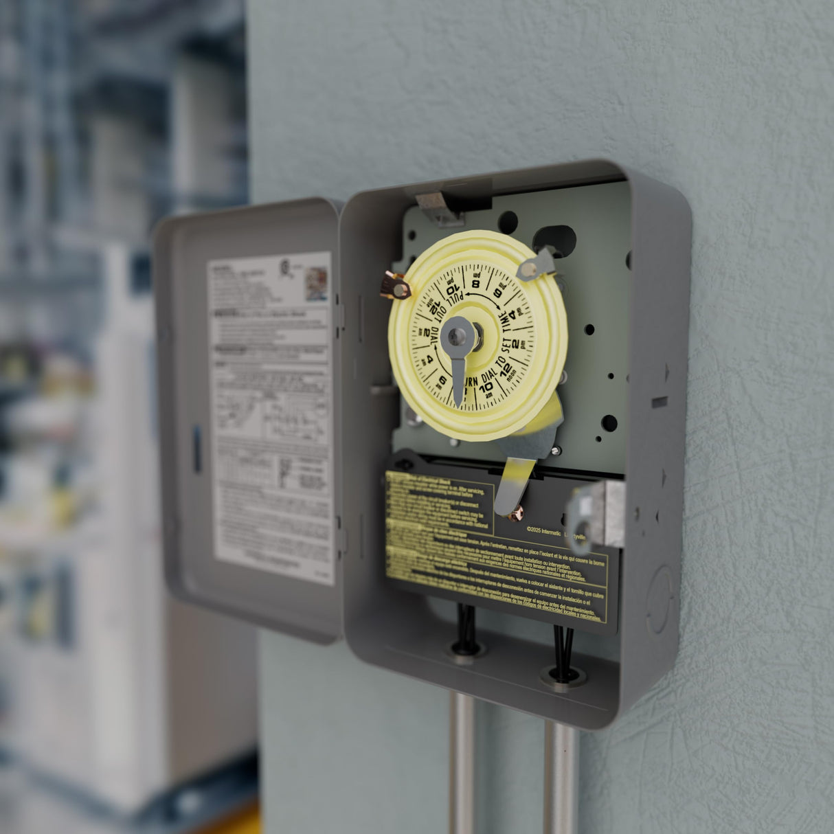 Intermatic T104 24-Hour Mechanical Timer Switch - 208–277 VAC, DPST, Indoor Metal Enclosure, Heavy-Duty, Manual Override, 40 Amp - Ideal for Lights, Pumps, Fans, and HVAC Systems
