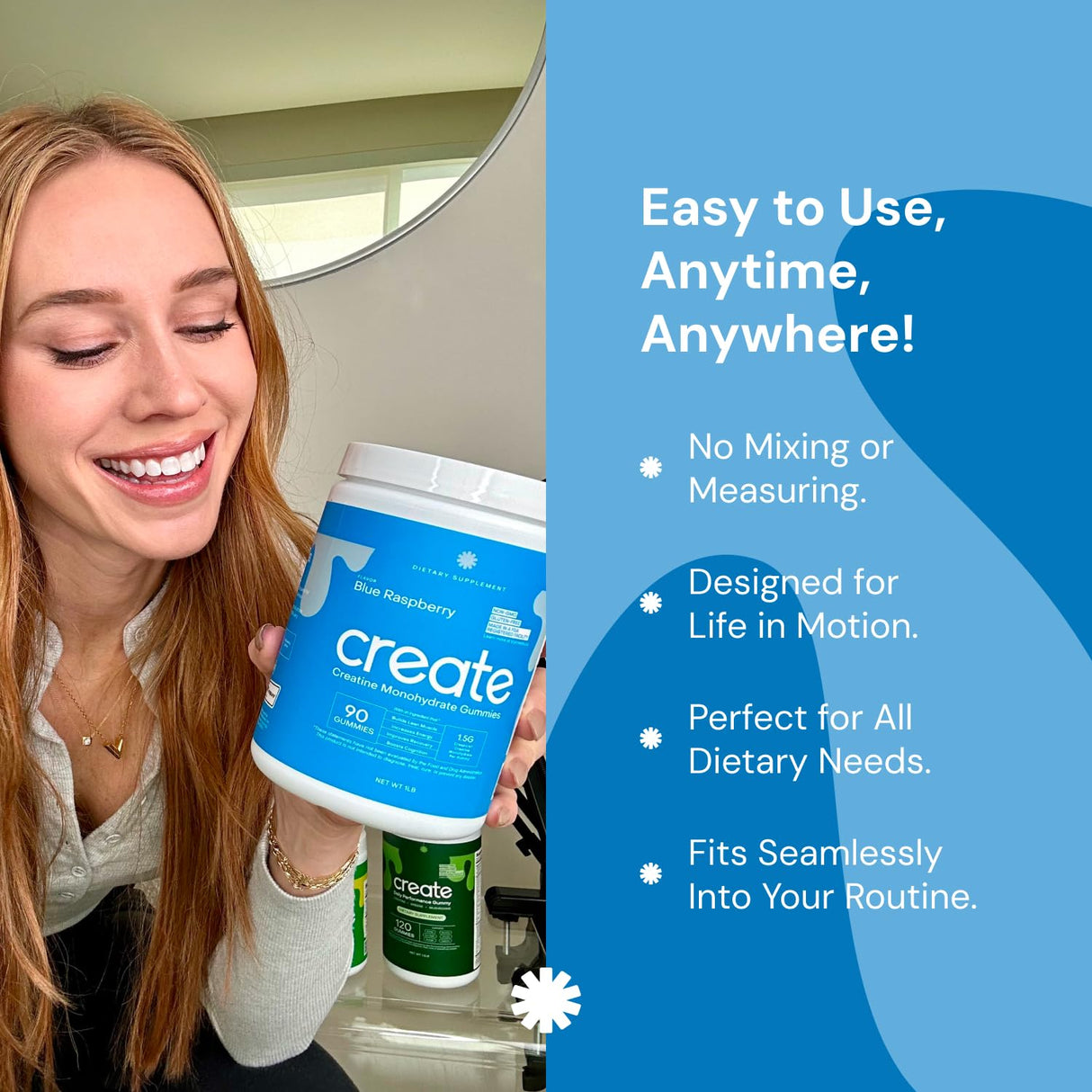 Create Creatine Monohydrate Gummies for Men & Women, Boost Focus, Strength, and Endurance, Anti-Melting Formula, Vegan, Gluten-Free, Non-GMO, 1.5g of Creatine per Gummy (Blue Raspberry, 90 ct)