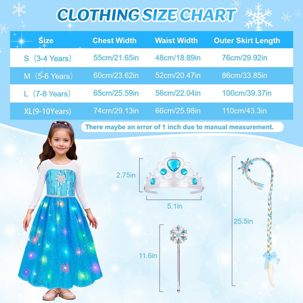 Meland Princess Dress Up for Girls – Light Up Halloween Costume for Girls Age 3-10, Princess Toys for Christmas Birthday Gift(S,3-4 Years)