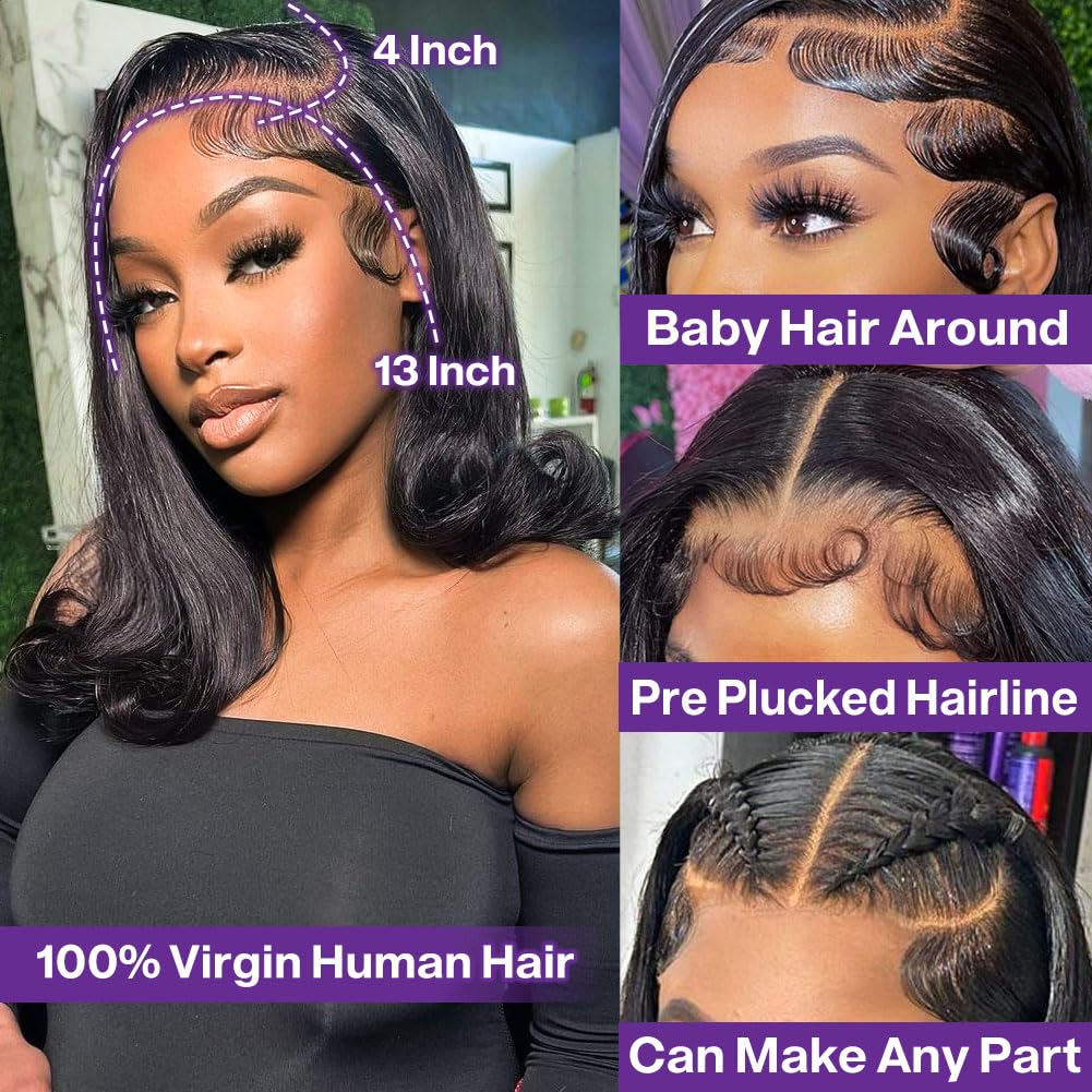 HIRIREMY Bob Wig Human Hair 13x4 Frontal Lace Wig Short Straight HD Lace Front Bob Wigs for Black Women Human Hair Glueless Pre Plucked Hairline with Baby Hair 180% Density 16 Inch