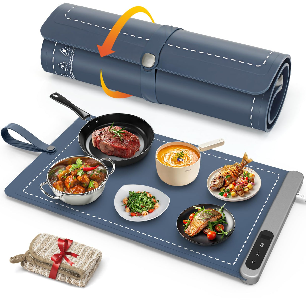 FYY Warming Mat for Food - Rapid and Full Surface Heating, 6 Temp Settings, 6H Timer, Rollable Portable Food Warming Mat, Ideal for Gatherings, Parties, Keep Meal Warm (X Large Size, Navy)