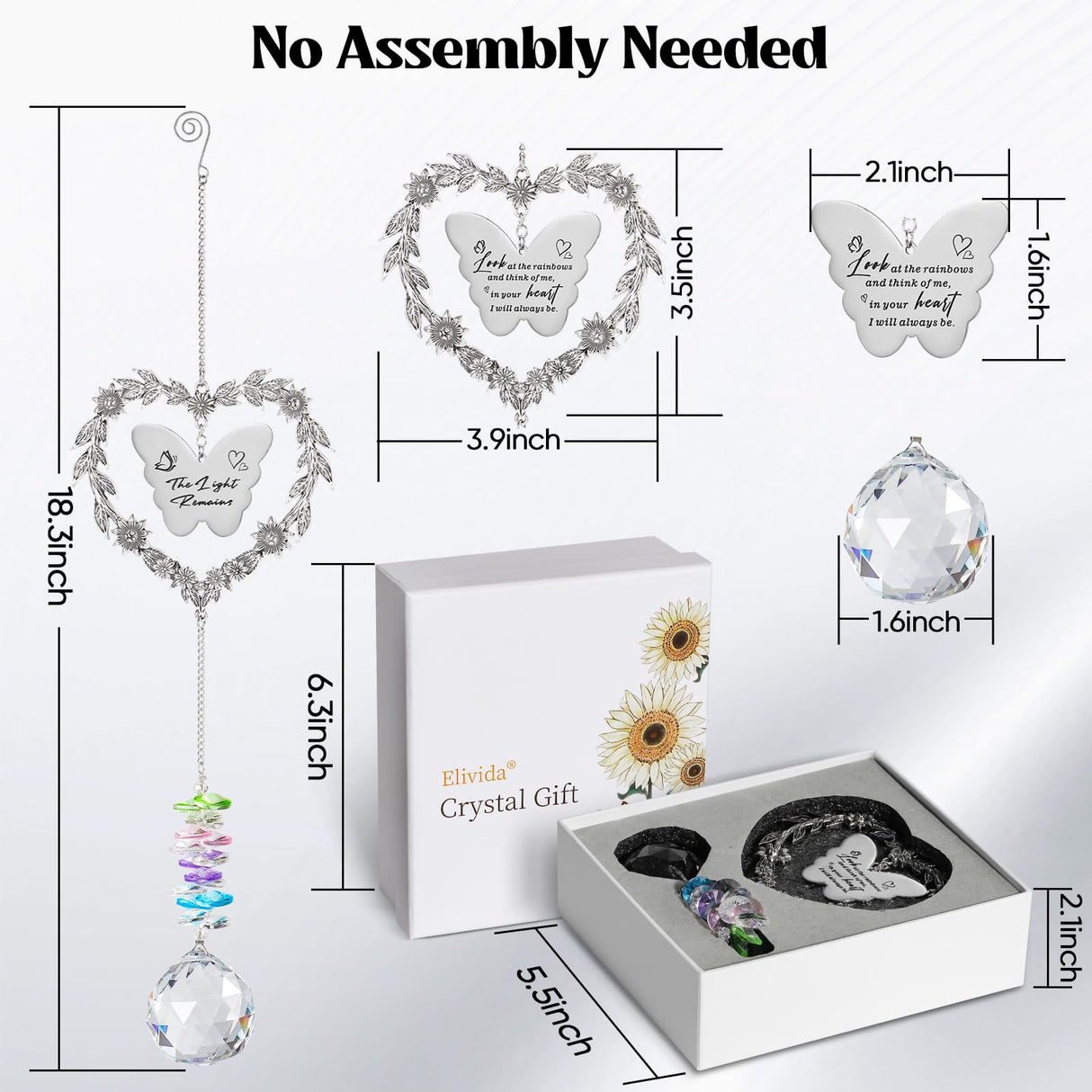 Elivida Sympathy Gift for Lose of Loved Ones, Grief Memorial Suncatcher Ornament for Loss of Mom Dad, Bereavement Crystal Rainbow Maker, Unique Heart Shaped Hanging Decorations for Daily Remembrance