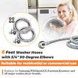 6FT Washer Stainless Steel Hoses with 90 Degree Elbows by Beaquicy - Burst Proof 3/4" FHT Standard Thread - 2 Pack Red and Blue Braided Hoses for Hot and Cold Water Supply - 10 Year Warranty