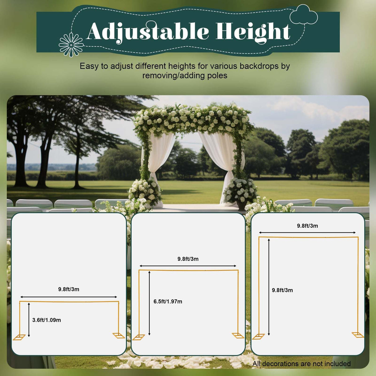 Metal Square Backdrop Stand Wedding Balloon Arch 9.8x9.8ft, Background Decoration Stand for Birthday Party Ceremony, Gold Backdrop Frame Valentine Anniversary Reception Decoration