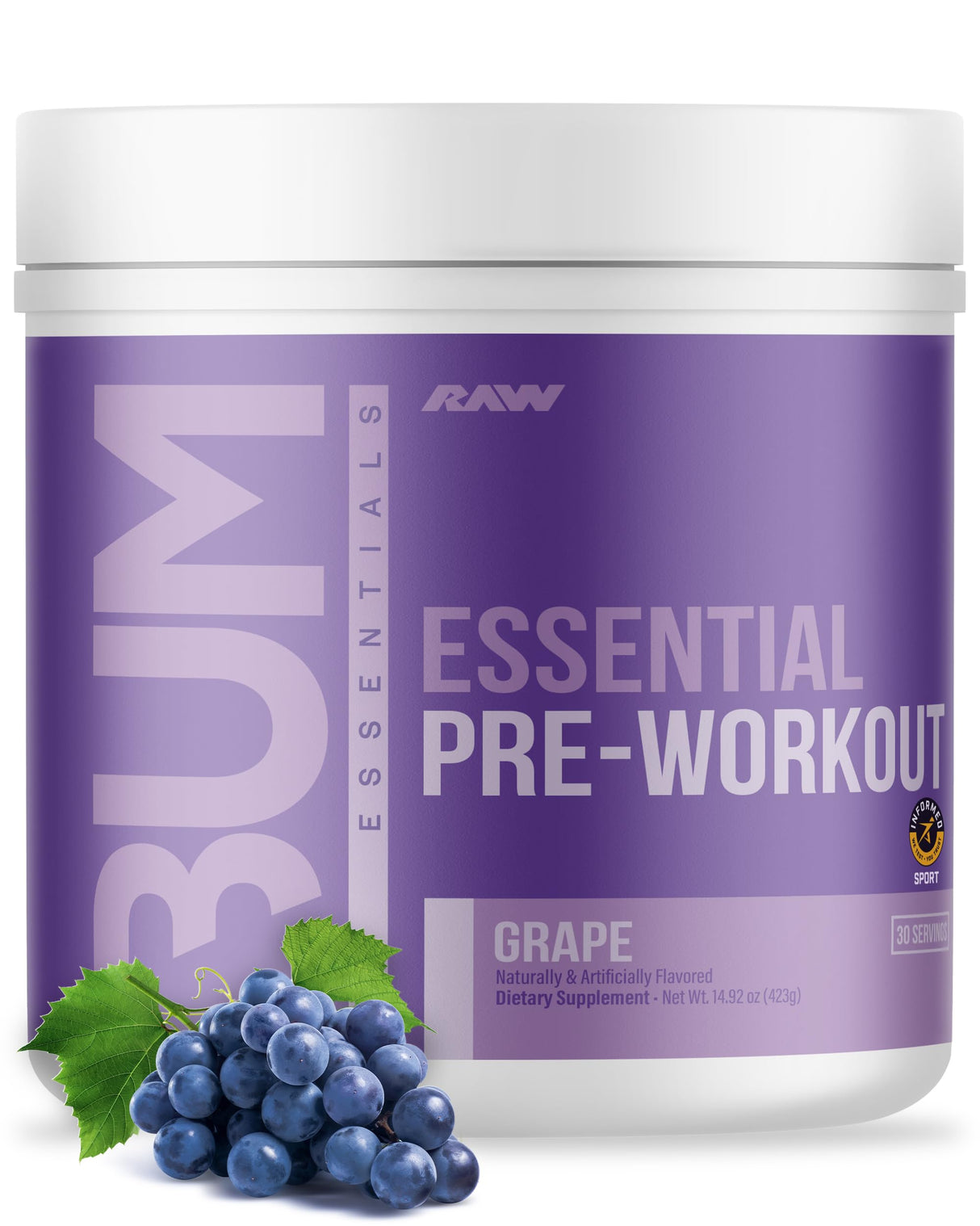 RAW Essential Pre-Workout Powder (Grape) - Chris Bumstead Sports Nutrition Supplement for Men & Women - Preworkout Energy Powder with Caffeine, L-Citrulline, L-Tyrosine, & Beta Alanine Blend
