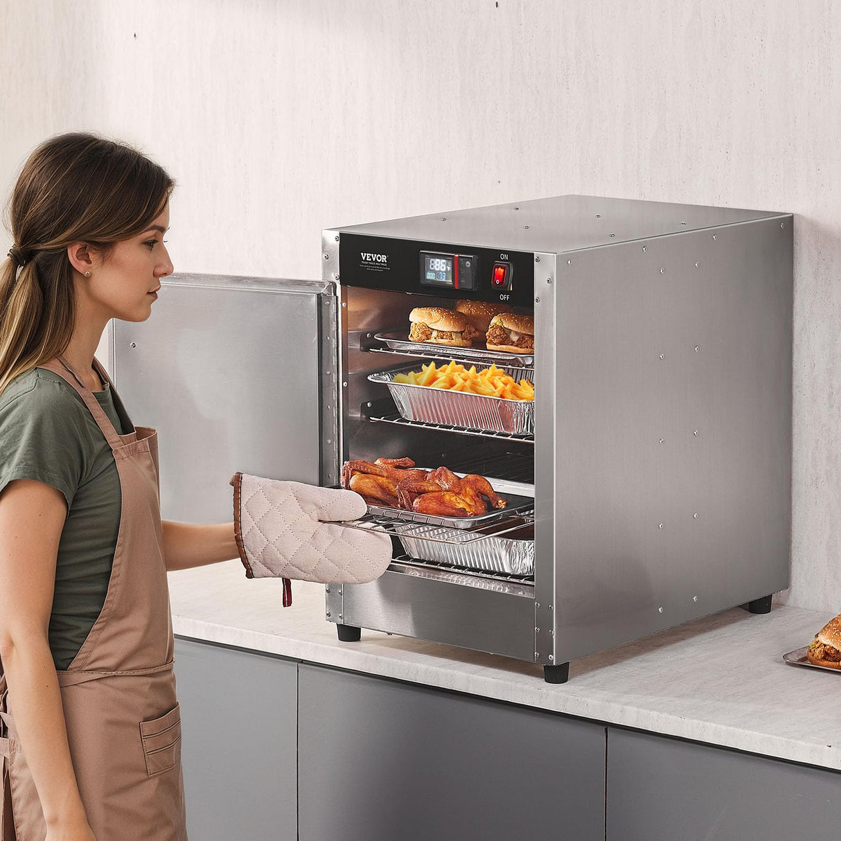VEVOR Hot Box Food Warmer, 4-Tier Concession Warmer with Water Tray, 4 Pans, Single-Door and Adjustable Shelves, Stainless Steel Food Warmer Cabinet, Ideal for Storing Pizza, Chicken, Restaurant