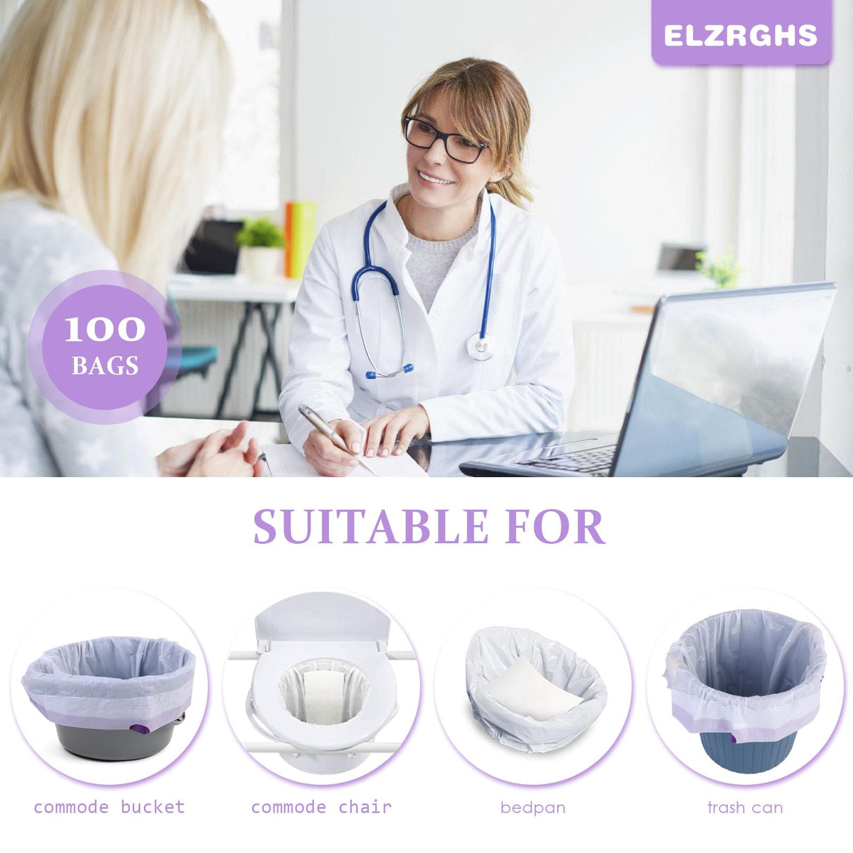 Elzrghs Commode Liners for Bedside Commode, Portable Toilet, Bed Pan, 100 Count Lavender Scented Disposable Potty Chair Liners