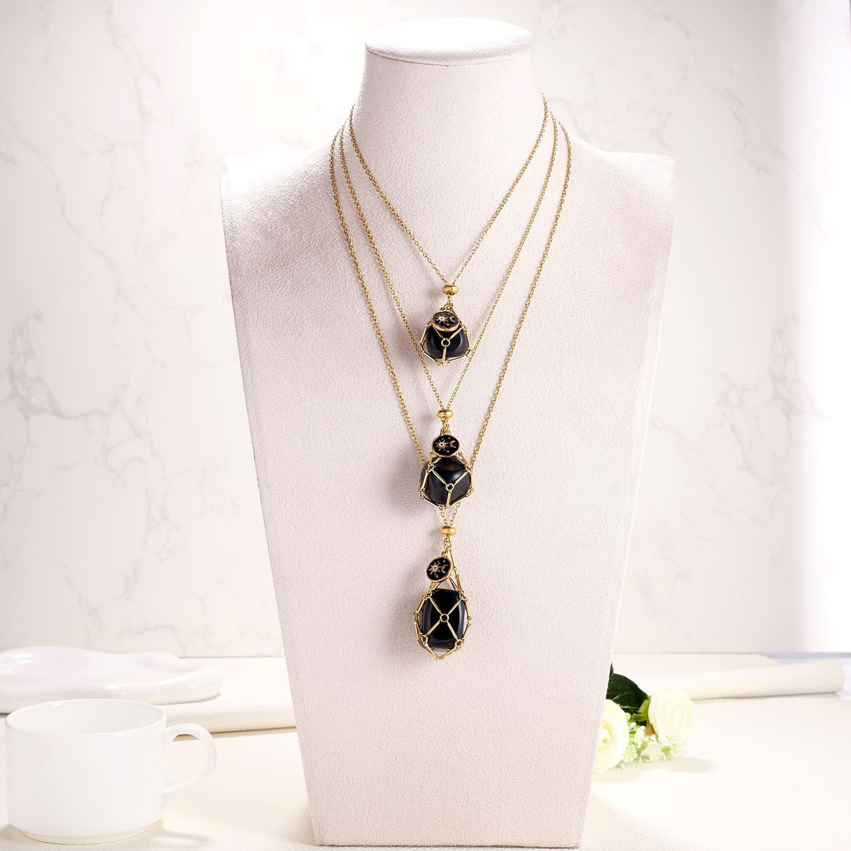 MIXJOY Black Obsidian Crystal Necklace, Sun and Moon Celestial Pendant Gothic Jewelry for Women, Dark Academia Aesthetic Black Gemstone Protection Gift for Halloween Christmas Birthday, Small