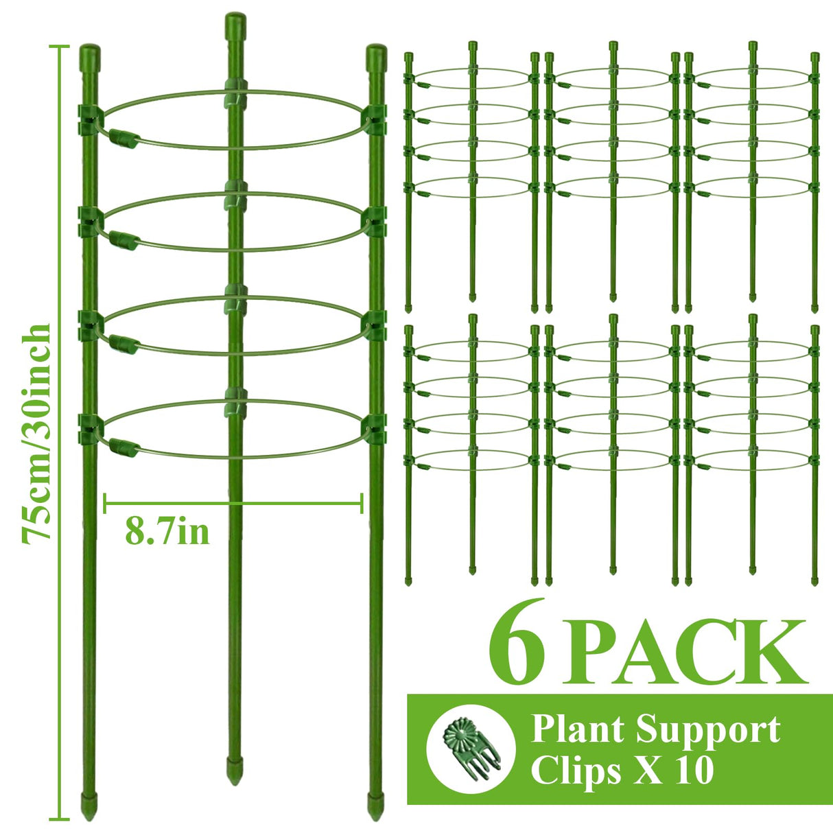 Legigo 6 Pack 30 Inch Plant Support Cages Tomato Cage for Garden- Plant Cages Adjustable Rings, Tomato Plant Support Stakes Trellis for Pots, Peppers, Cucumbers and Flowers with 10 Plant Clips