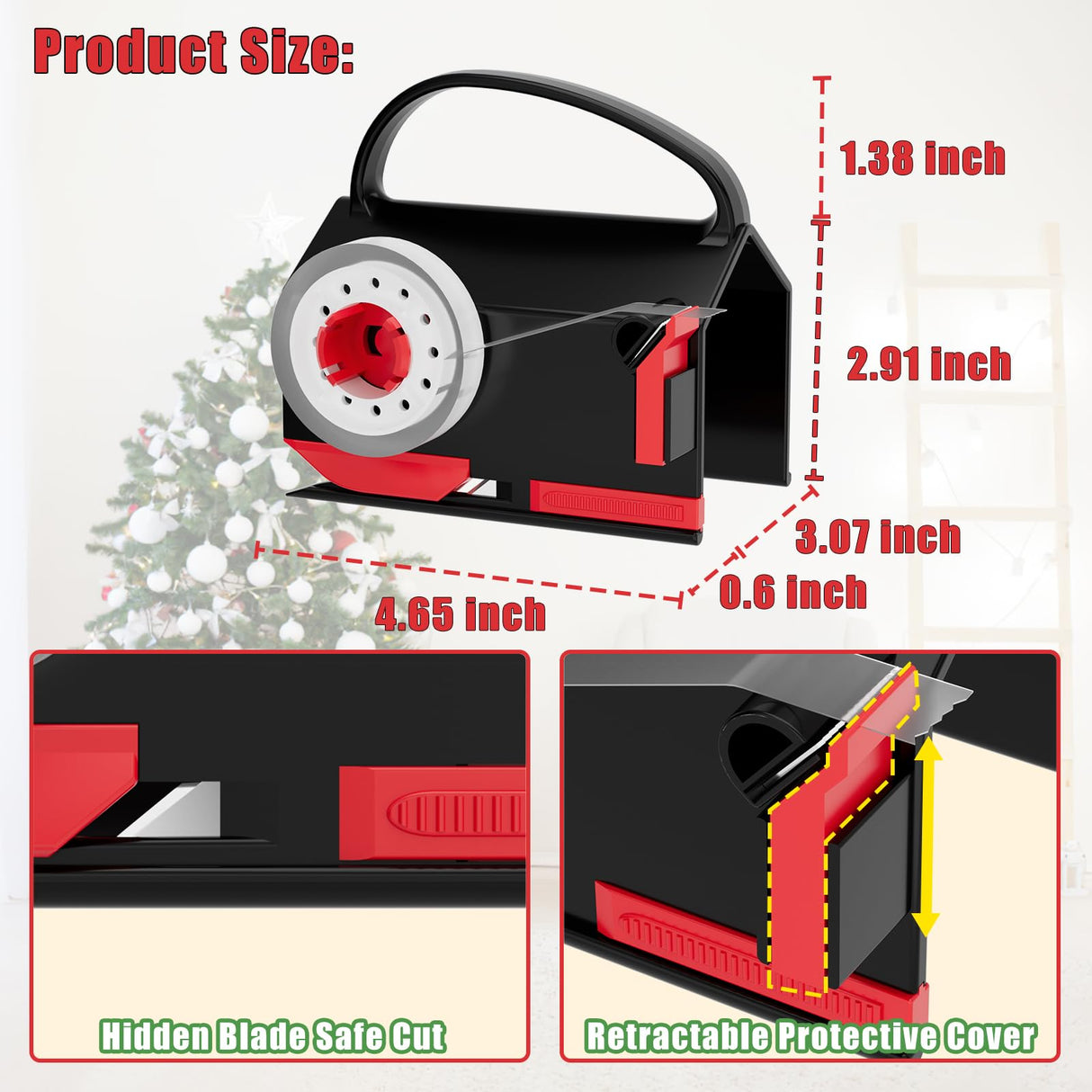 2-Pack Wrapping Paper Cutter & Tape Dispenser for Christmas Gift, Improve Gift Packaging Efficiency, Makes The Cutting line straighter, Cutting Tool with 4 Tapes，2 Replace Blades Kit, Red and Black