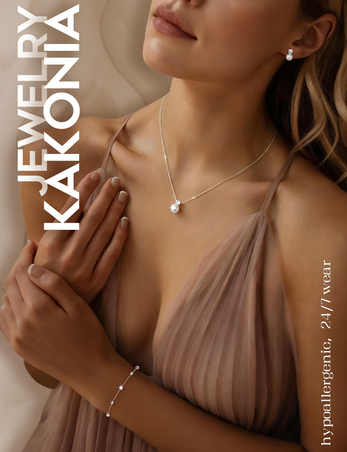 Kakonia Pearl Jewelry Set for Women Wedding, Dainty Silver Plated Bridal Necklace Pearl Drop Earrings Bracelet Set with Cubic Zirconia, Bridesmaid Prom Choker Wedding Bride Jewelry Pearls S