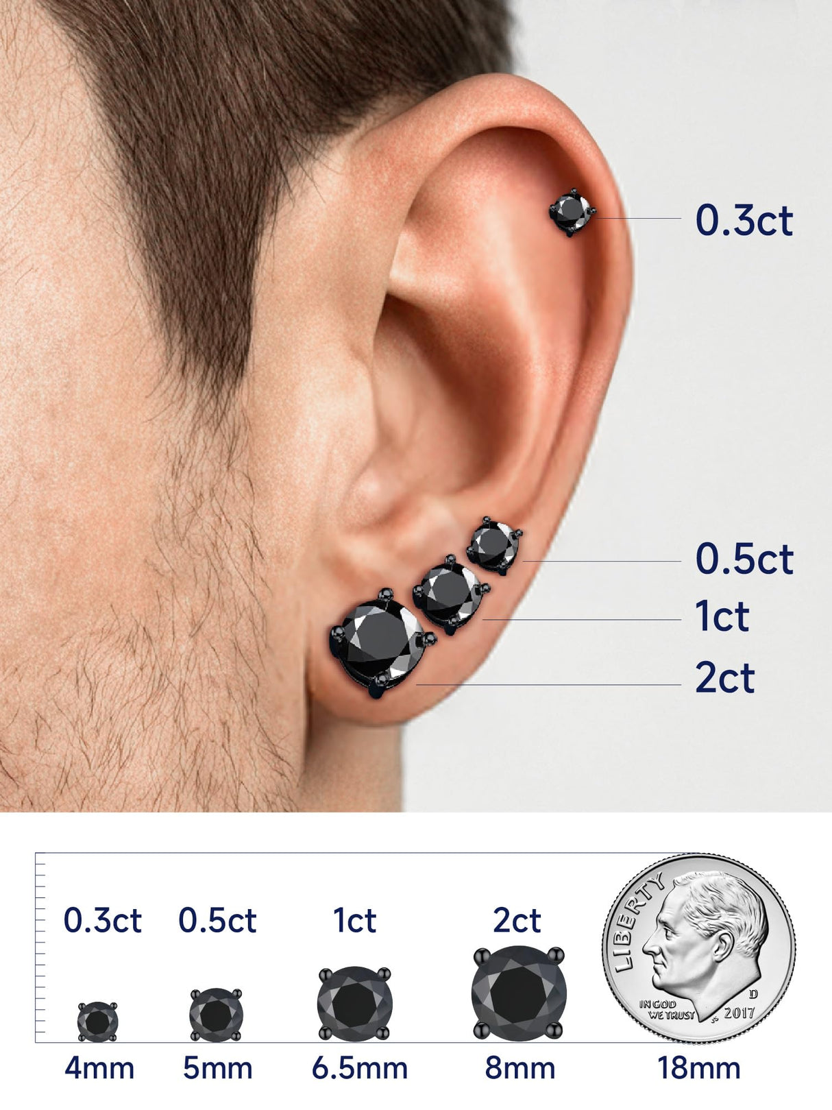 MomentWish Black Stud Earrings for Men 1Carat D Color VVS1 Moissanite Earrings for Men Black Diamond Earring 925 Sterling Silver Mens Jewelry