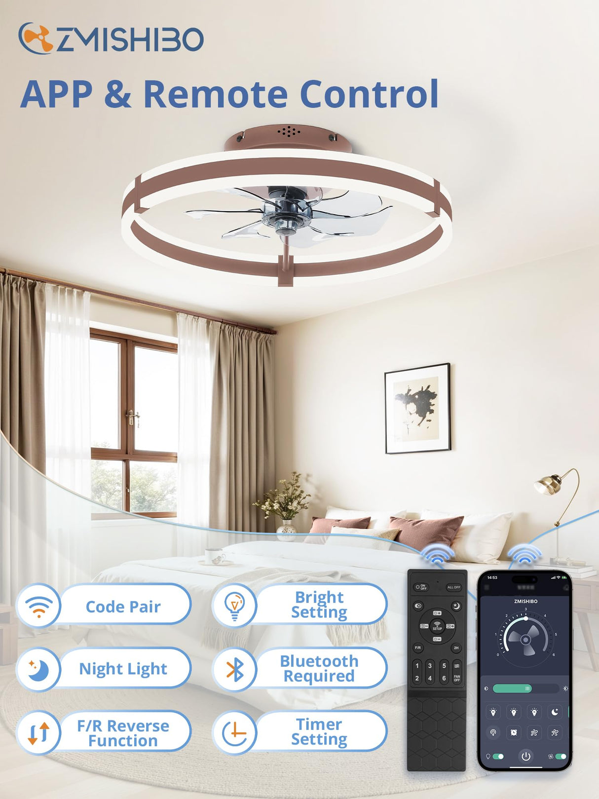 ZMISHIBO Ceiling Fans with Lights and Remote, 19.7'' Low Profile Ceiling Fan, 3000-6000K Dimmable Modern Flush Mount LED Fan Light, 6 Wind Speeds, Brown Fandelier Ceiling Fans for Bedroom